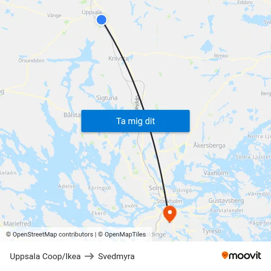 Uppsala Coop/Ikea to Svedmyra map