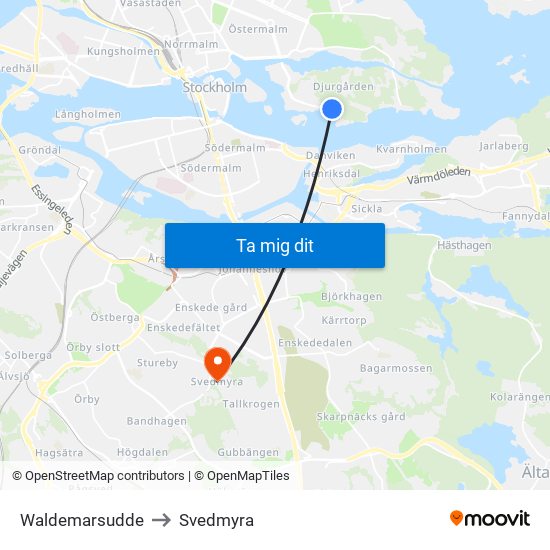 Waldemarsudde to Svedmyra map