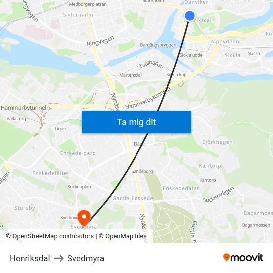 Henriksdal to Svedmyra map