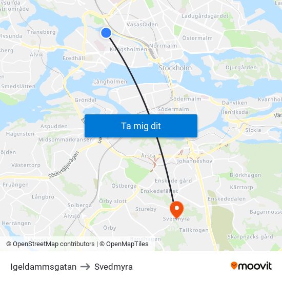 Igeldammsgatan to Svedmyra map