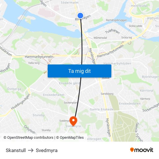 Skanstull to Svedmyra map