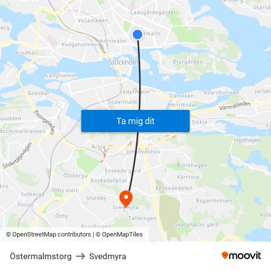 Östermalmstorg to Svedmyra map