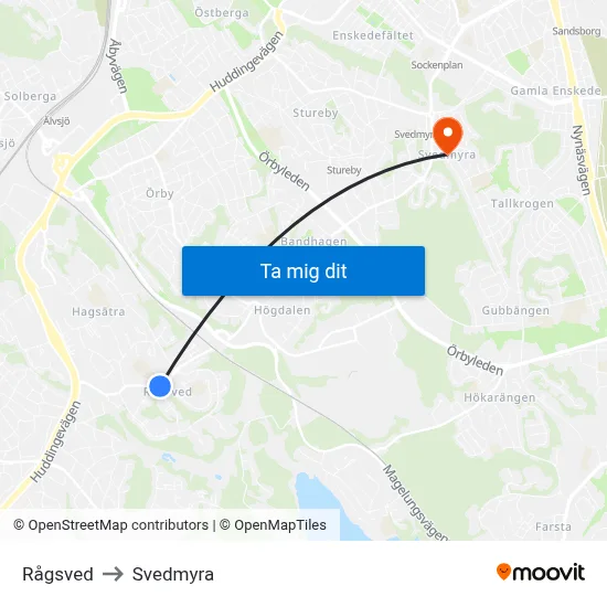 Rågsved to Svedmyra map