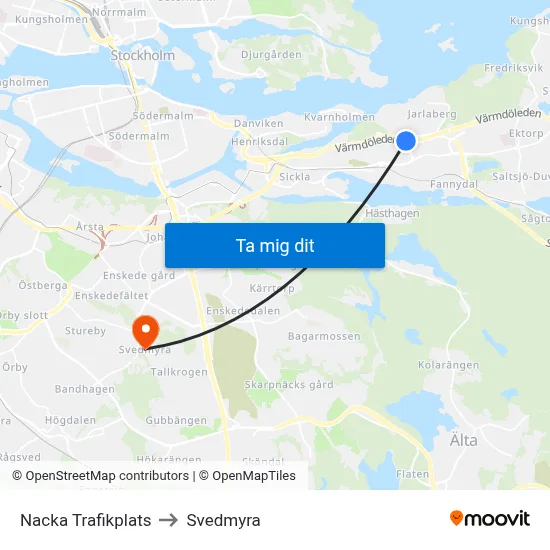 Nacka Trafikplats to Svedmyra map