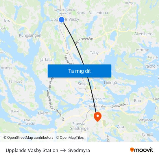 Upplands Väsby Station to Svedmyra map