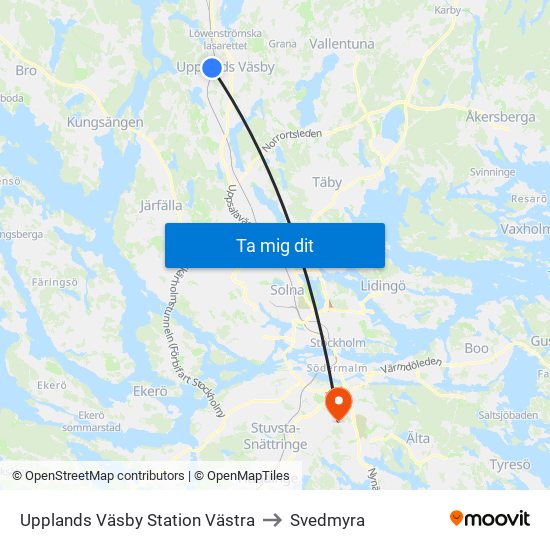 Upplands Väsby Station Västra to Svedmyra map