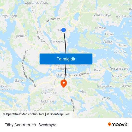 Täby Centrum to Svedmyra map