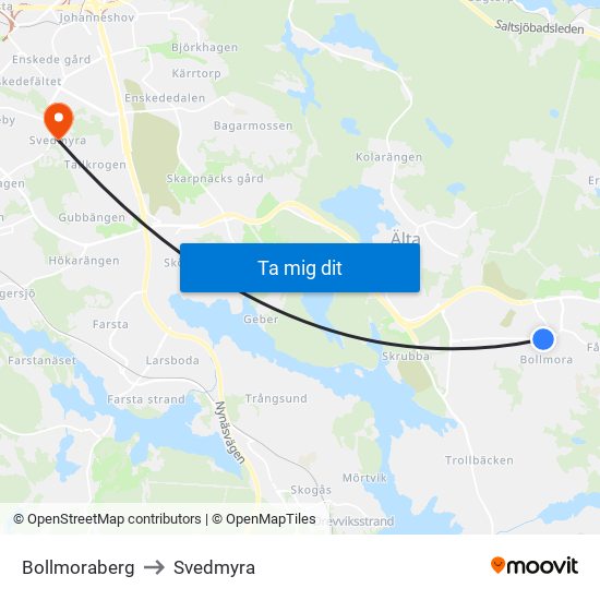 Bollmoraberg to Svedmyra map