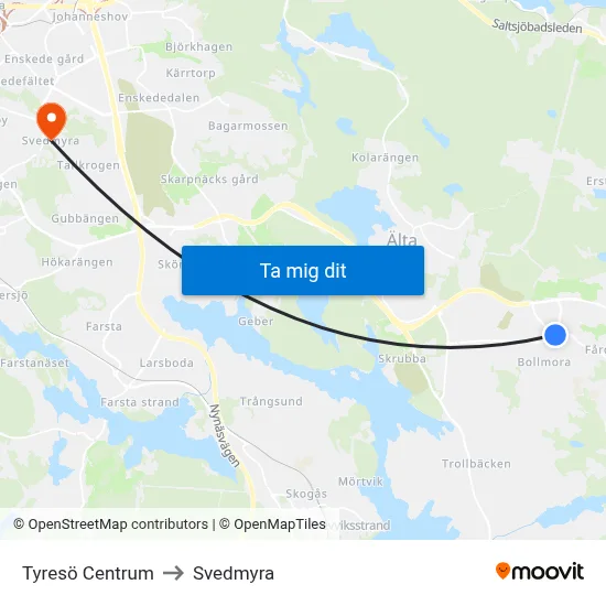 Tyresö Centrum to Svedmyra map