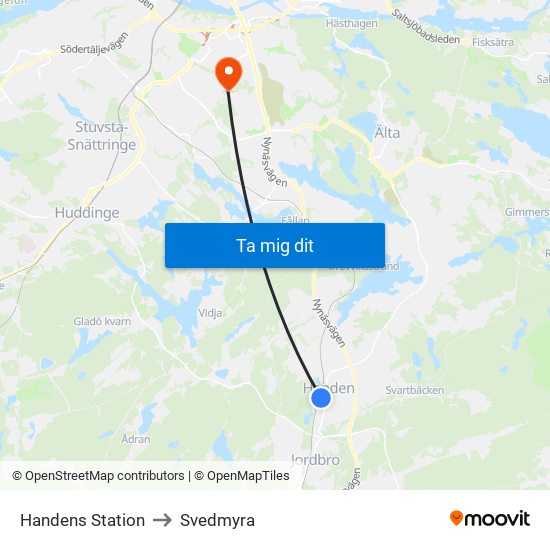 Handens Station to Svedmyra map