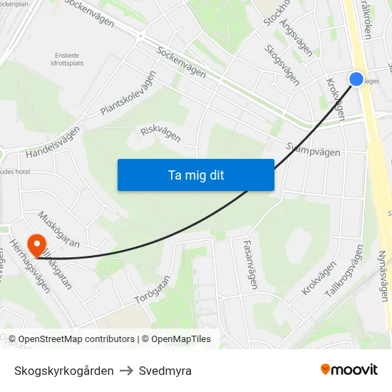 Skogskyrkogården to Svedmyra map