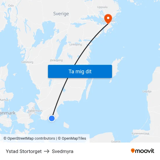 Ystad Stortorget to Svedmyra map