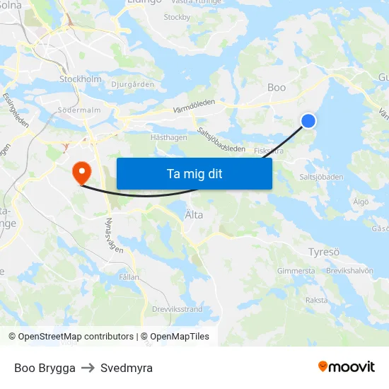 Boo Brygga to Svedmyra map