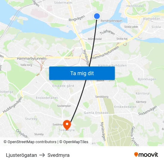 Ljusterögatan to Svedmyra map