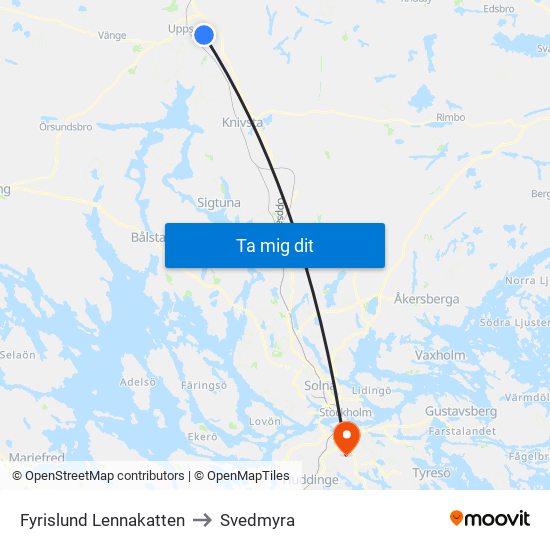 Fyrislund Lennakatten to Svedmyra map