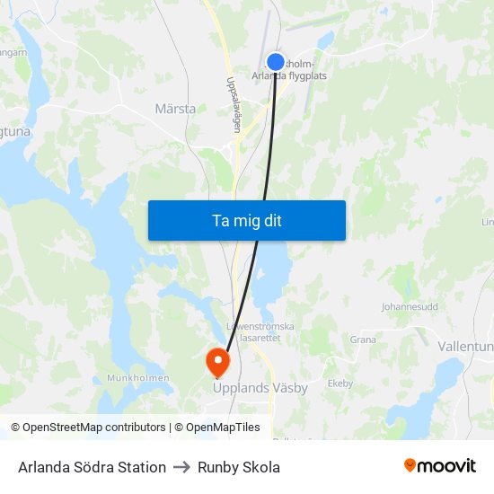 Arlanda Södra Station to Runby Skola map