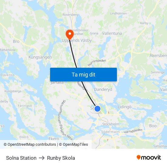 Solna Station to Runby Skola map