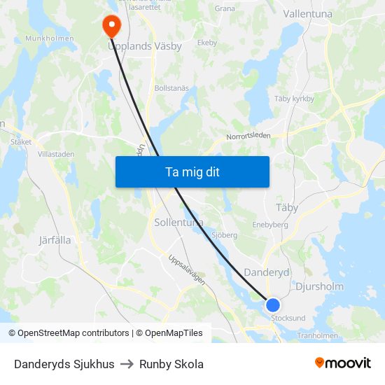 Danderyds Sjukhus to Runby Skola map