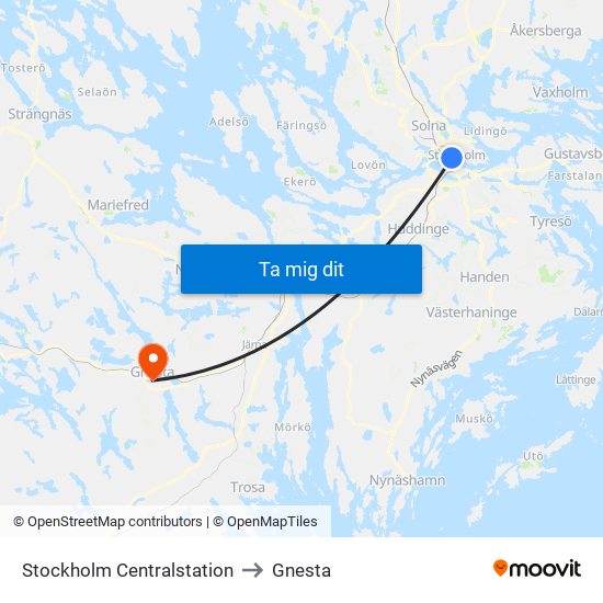 Stockholm Centralstation to Gnesta map