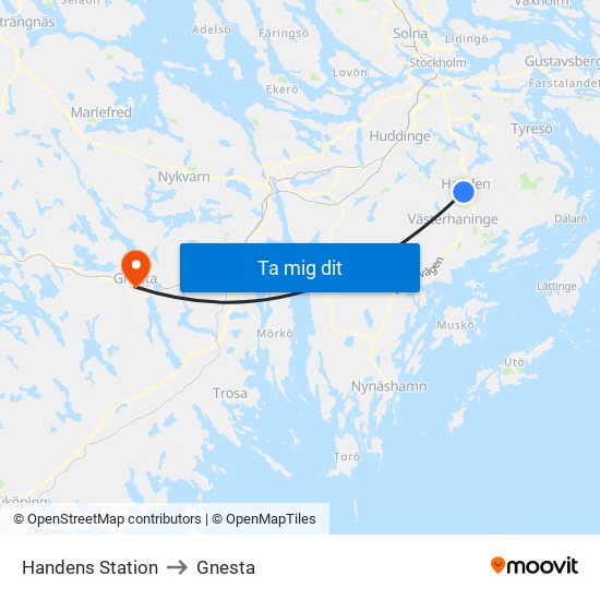 Handens Station to Gnesta map