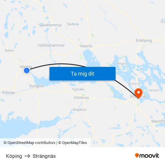 Köping to Strängnäs map