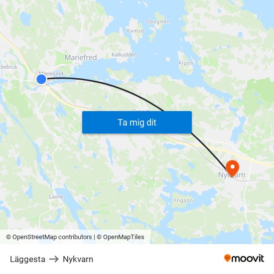 Läggesta to Nykvarn map