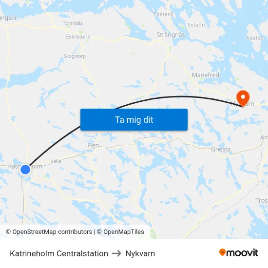 Katrineholm Centralstation to Nykvarn map