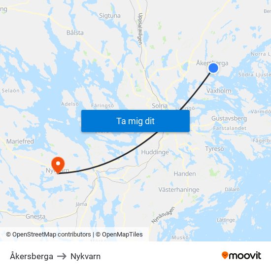 Åkersberga to Nykvarn map