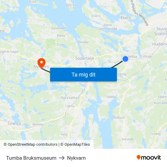 Tumba Bruksmuseum to Nykvarn map