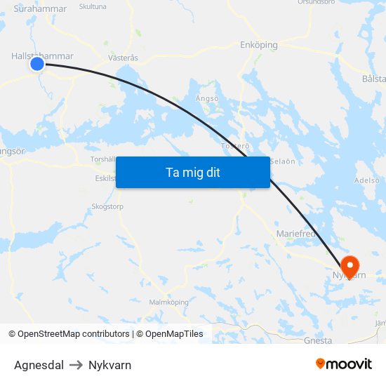 Agnesdal to Nykvarn map