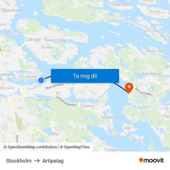 Stockholm to Artipelag map