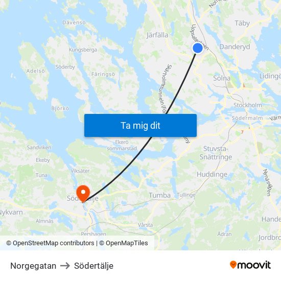 Norgegatan to Södertälje map