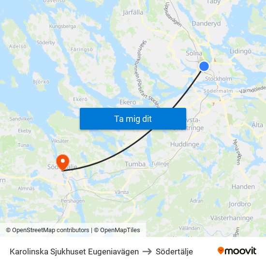 Karolinska Sjukhuset Eugeniavägen to Södertälje map