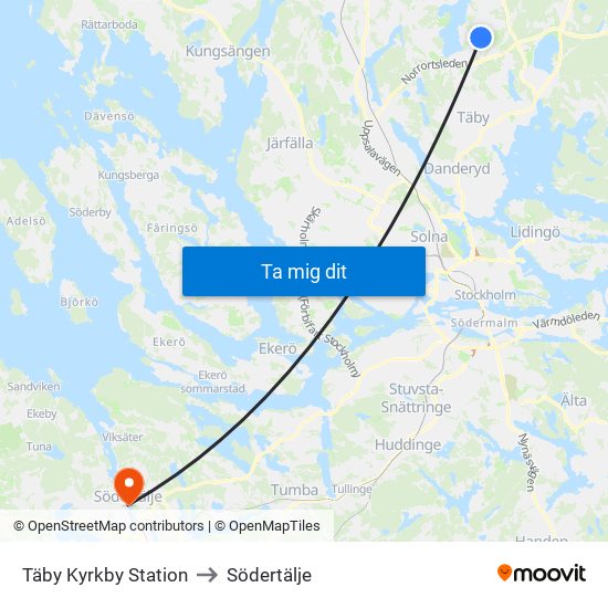 Täby Kyrkby Station to Södertälje map