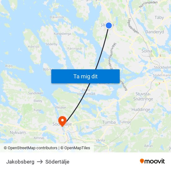 Jakobsberg to Södertälje map