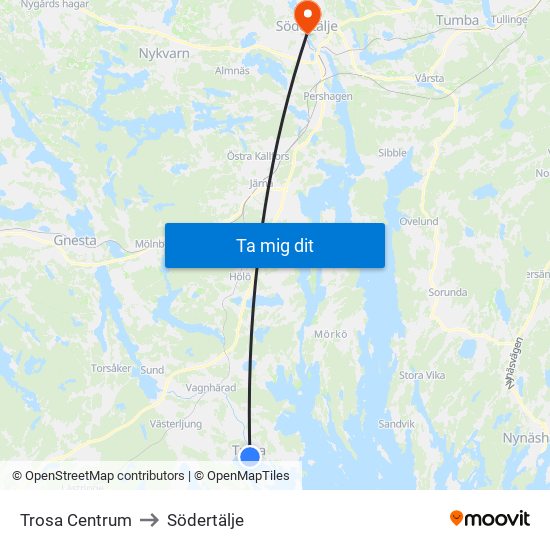 Trosa Centrum to Södertälje map