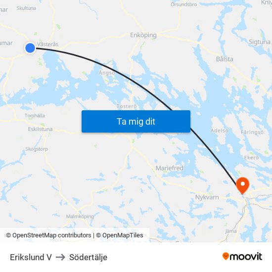 Erikslund V to Södertälje map