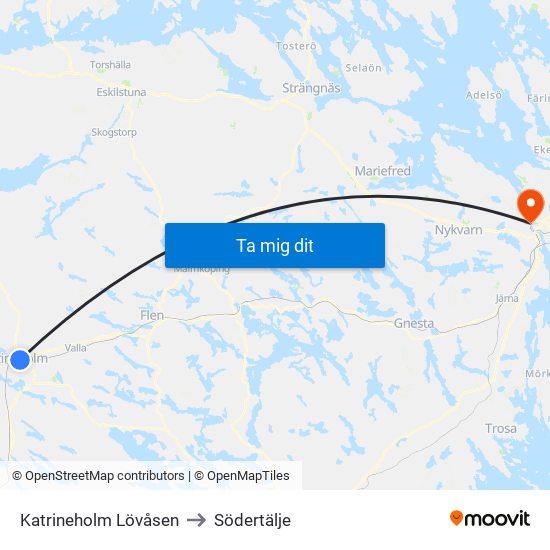 Katrineholm Lövåsen to Södertälje map