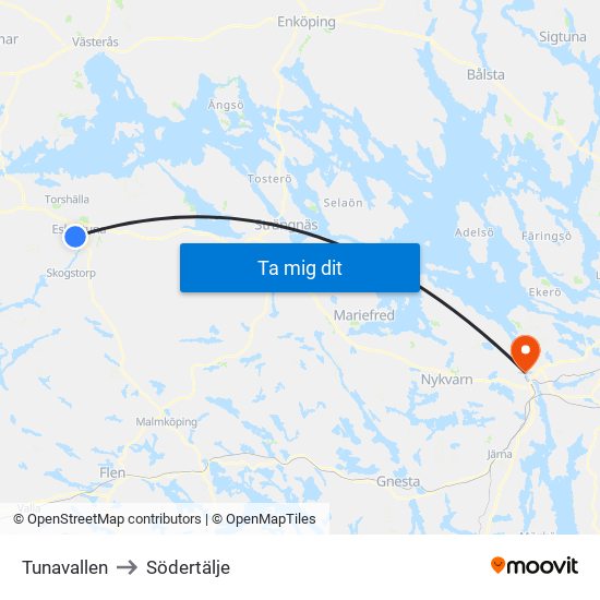 Tunavallen to Södertälje map