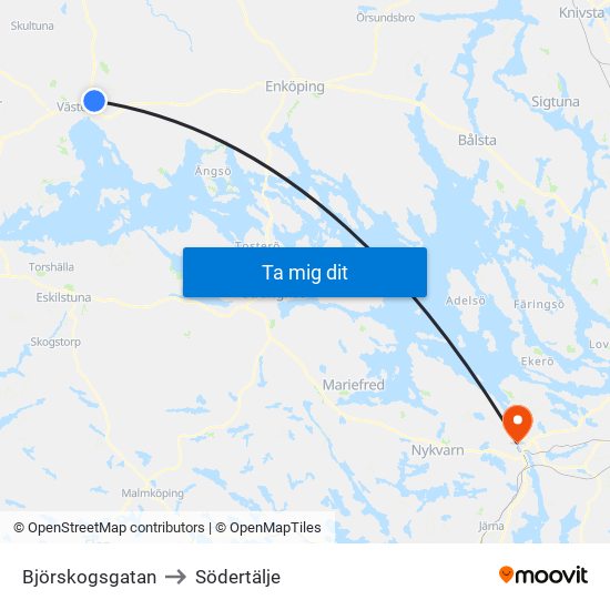 Björskogsgatan to Södertälje map