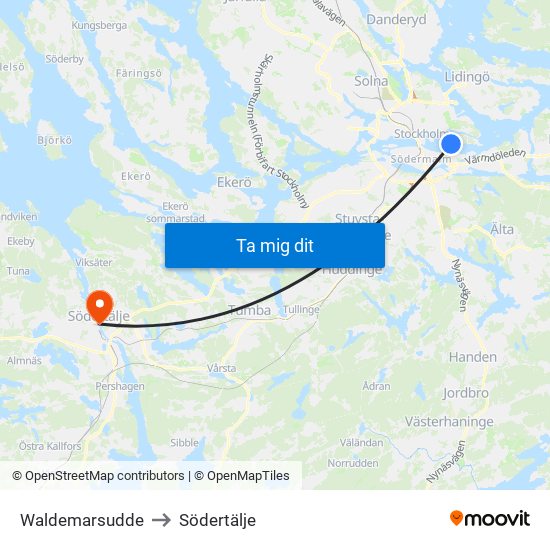 Waldemarsudde to Södertälje map