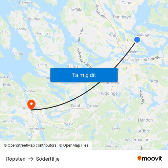 Ropsten to Södertälje map