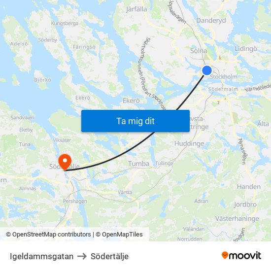 Igeldammsgatan to Södertälje map