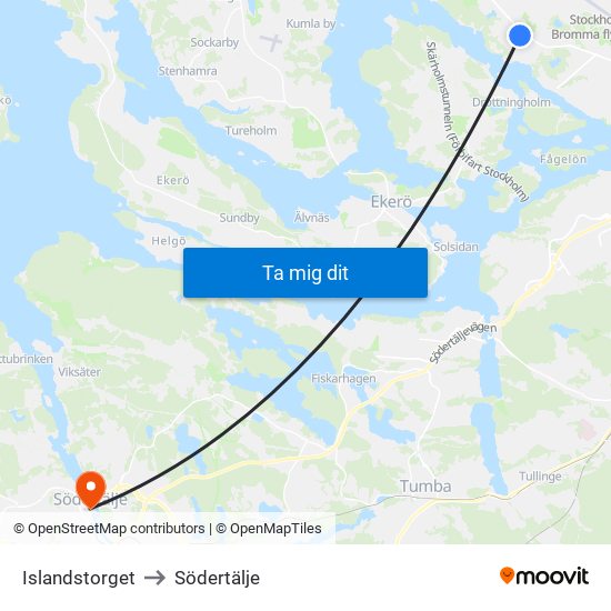 Islandstorget to Södertälje map