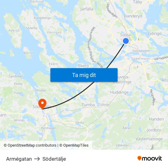 Armégatan to Södertälje map