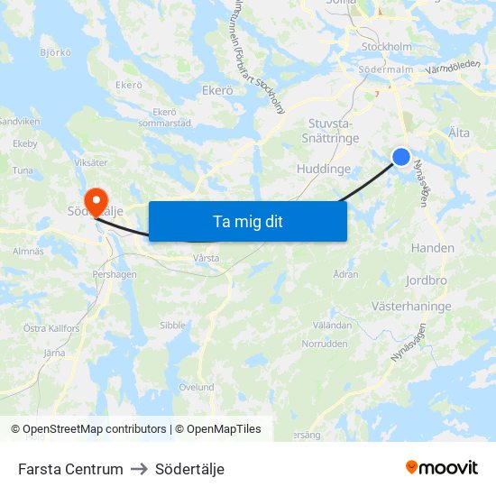 Farsta Centrum to Södertälje map
