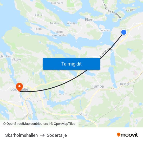 Skärholmshallen to Södertälje map