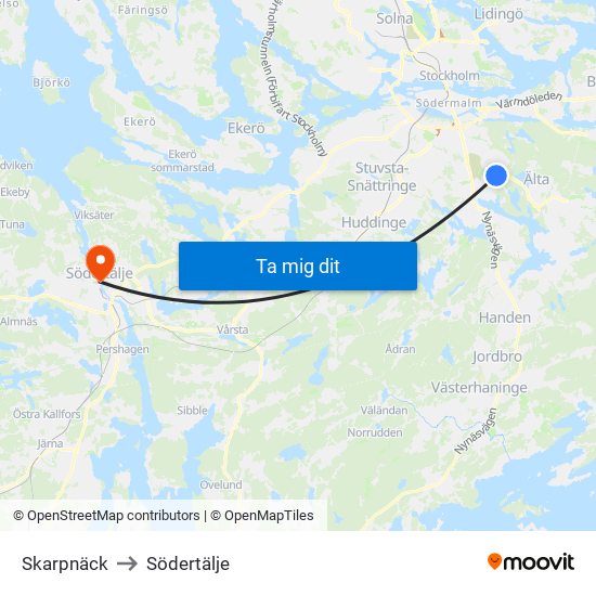 Skarpnäck to Södertälje map
