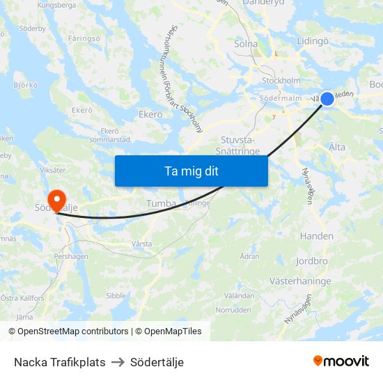 Nacka Trafikplats to Södertälje map