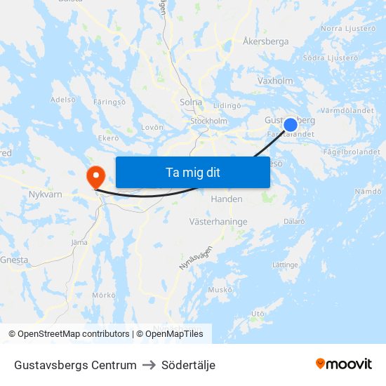Gustavsbergs Centrum to Södertälje map